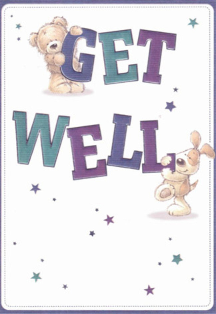 This heartening get well card is a true celebration of kindness, featuring an affable bear and a lovable puppy amidst a flurry of dancing stars. The scene is set aglow by bold, confident letters-'Get Well'-layered in a stunning spectrum from rich purples to vivid aquas, their hues echoing the vitality of Alperton's bustling community. There is a tactile element here-the illustrated fur of the bear looks irresistibly soft, while the puppy's floppy ears add an extra sense of cheer, recalling the comforting touch found in bouquets carefully tied at Alperton Florist. Picture this card accompanying a vibrant floral arrangement on its way to a house along Ealing Road-a pairing that amplifies positivity and genuine care. The airy, light-filled design and scattering of starbursts across the backdrop make this card a perfect choice for lifting spirits and bringing a gentle wave of good wishes to friends and family throughout Alperton.
